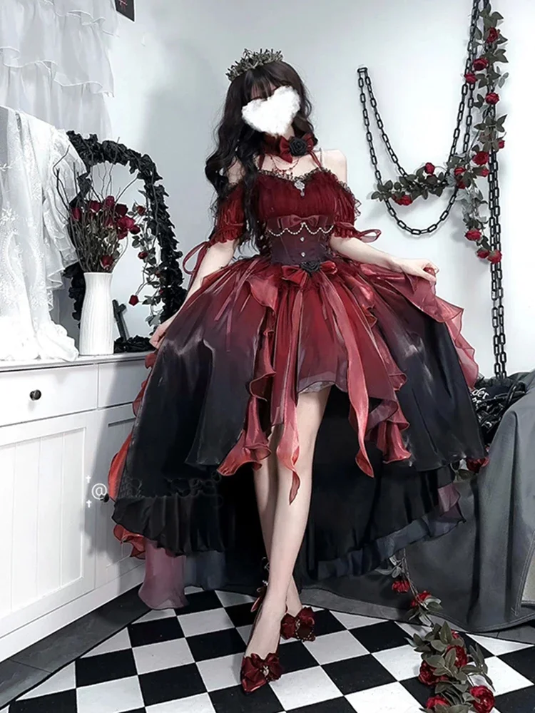 Vestido de princesa esponjoso de Lolita para mujer, vestido de boda de flores rojas grandes y encantadoras