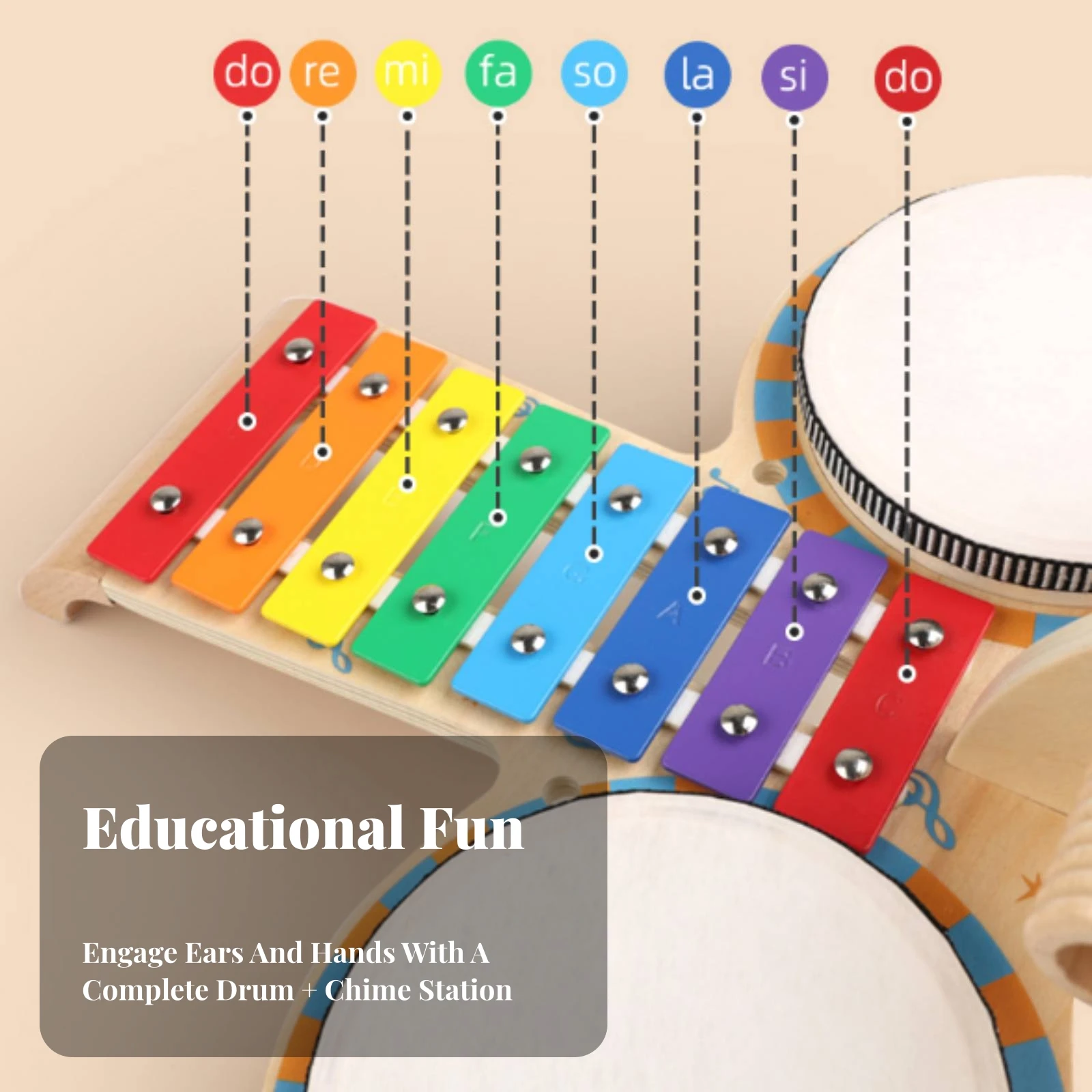 Drum Set with Xylophone Rainbow-Colored Drum Set with Cymbals Wooden Xylophone Toy Colorful Music Station Interactive