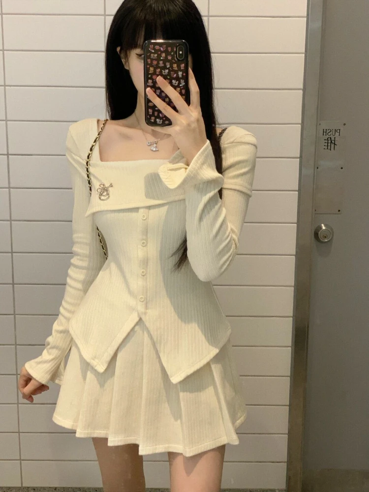 

Women Design Sense Slimming Sweater Top+Mini Skirt Female Korean Style Fashion Y2k Sweet Solid Knitted New Two Piece Set