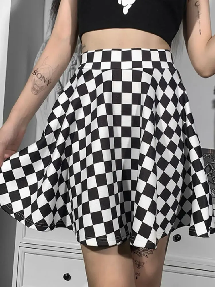 High Waist Plaid Color Block  Skirt Sexy Summer A-Line Skirt Commute Style Polyester Fiber Dark Girl Series Contrast Color