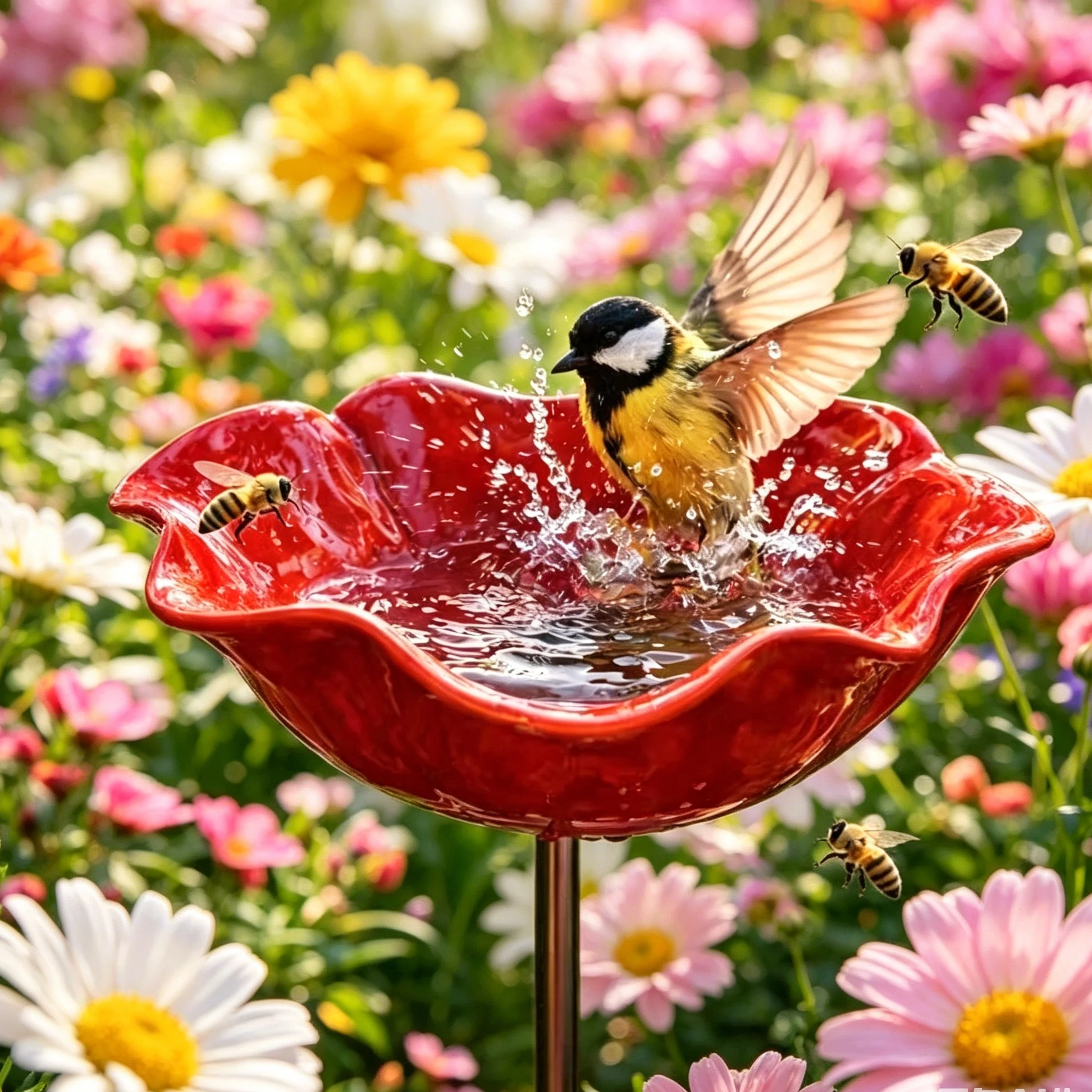 Handcrafted Metal Flower Bird Bath Stake Rustproof Iron Floral Sculpture Ground Insert Yard Garden Patio Decor Bee Water Feeder