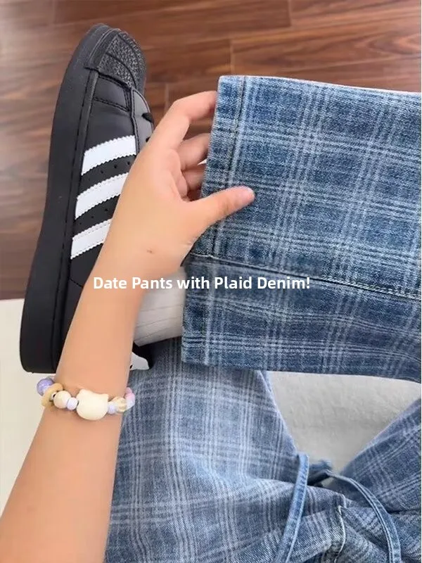 

Blue Vintage Plaid Men's Summer Thin Waed Straight Leg Wide Leg Jeans High Waist Extended Knife Pants Breathable Wear ...