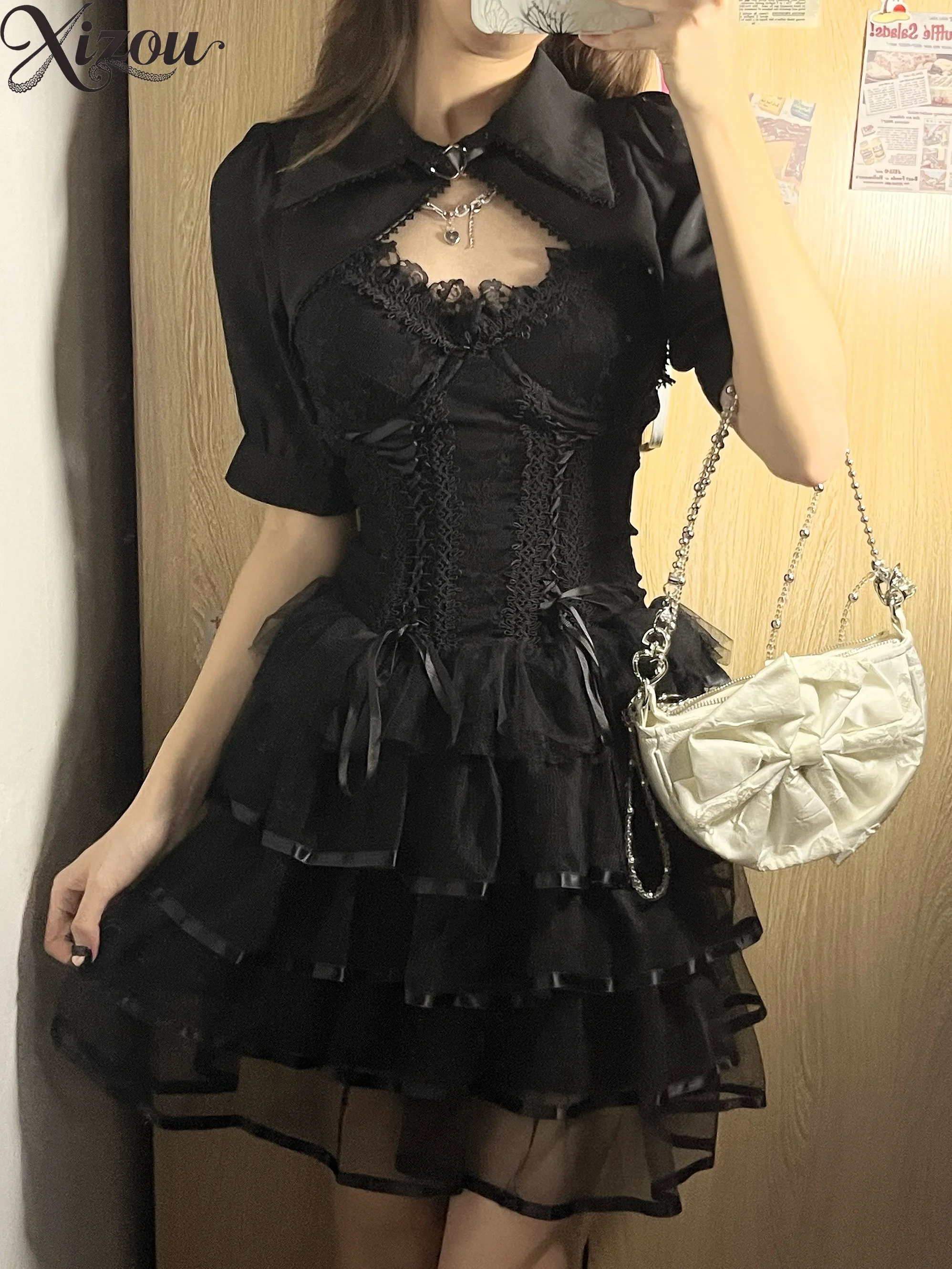 3 조각 세트 여자 여름 고딕 펑크 로리타 Y2k 공주 스커트 세트 레이스 Fishbone 생일 복장 Eveing ​​파티 스커트 Y2k 정장