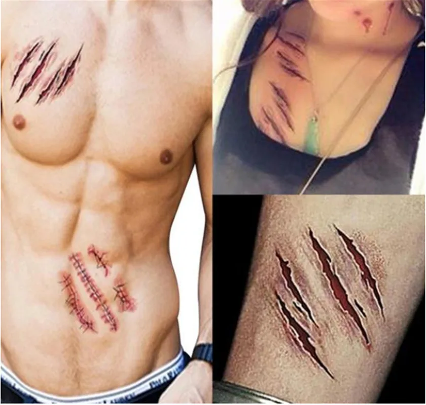 Tatuajes 3D de mordeduras de zombis de Halloween, pegatinas de tatuajes impermeables con sangre falsa y costra, disfraz especial, tatuaje falso pequeño para el cuello