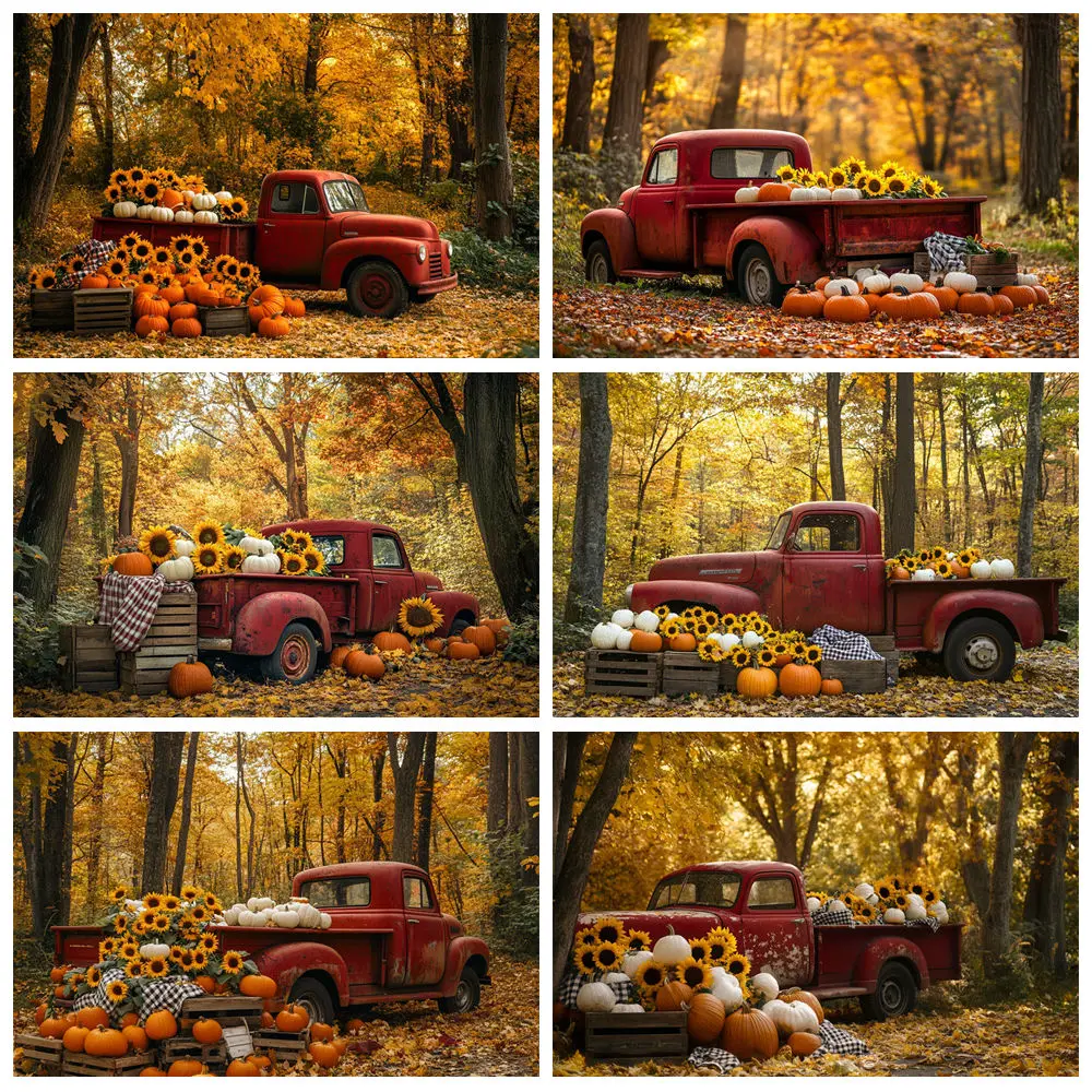 

Autumn Red Truck Photography Backdrops Sunflowers Pumpkins Forest Haystack Children Adults Thanksgiving Party Photo Background