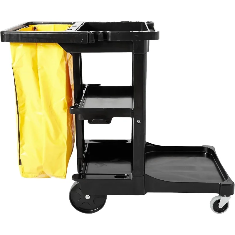 Traditional Janitorial 3-Shelf Cleaning Cart, Wheeled with Zippered Yellow Vinyl Bag, for Stores, Schools, and Business, Black