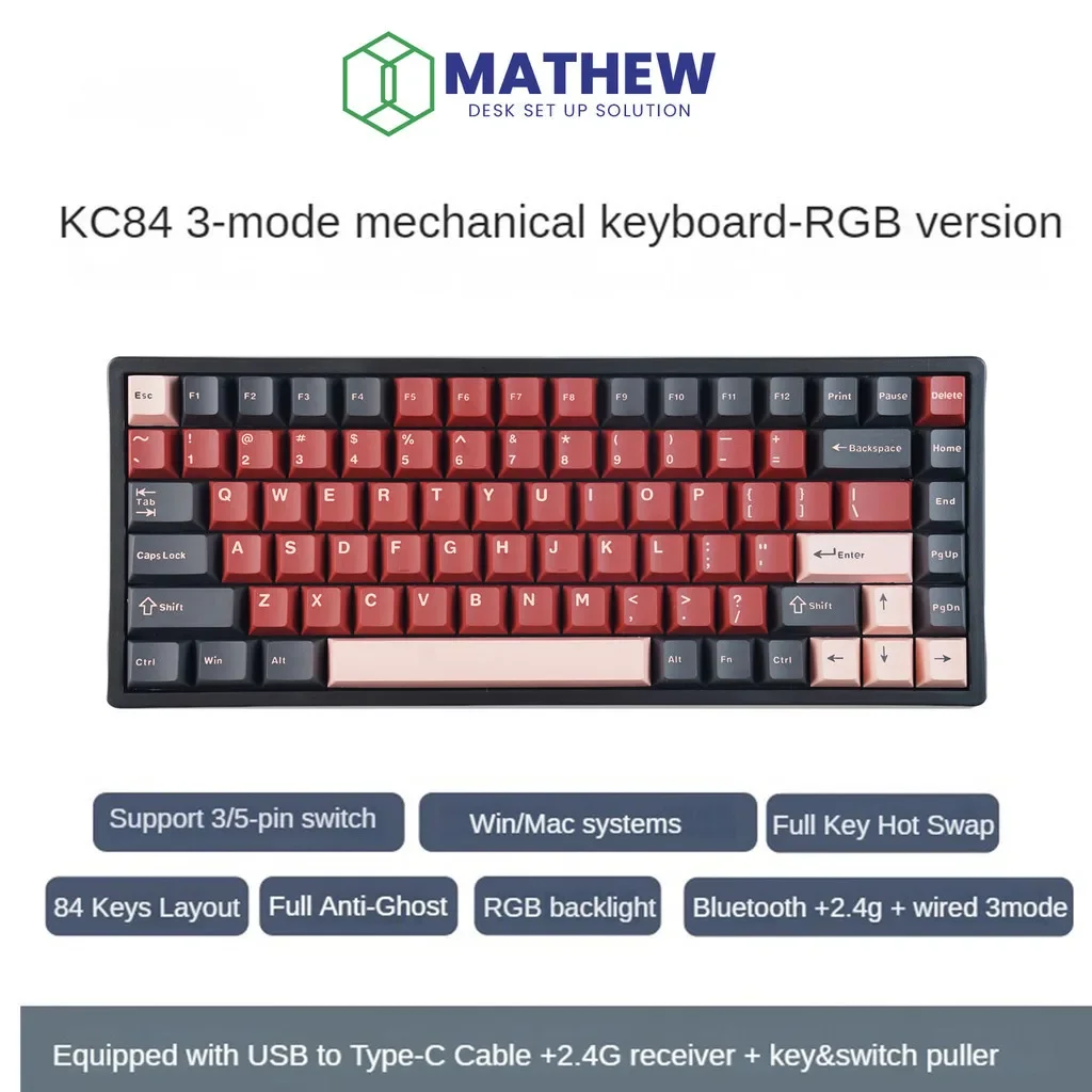 mathew kc84 teclado mecanico sem fio modo 84 teclas 75 quente swappable rgb retroiluminado 3000mah teclado mecanico para win mac 01