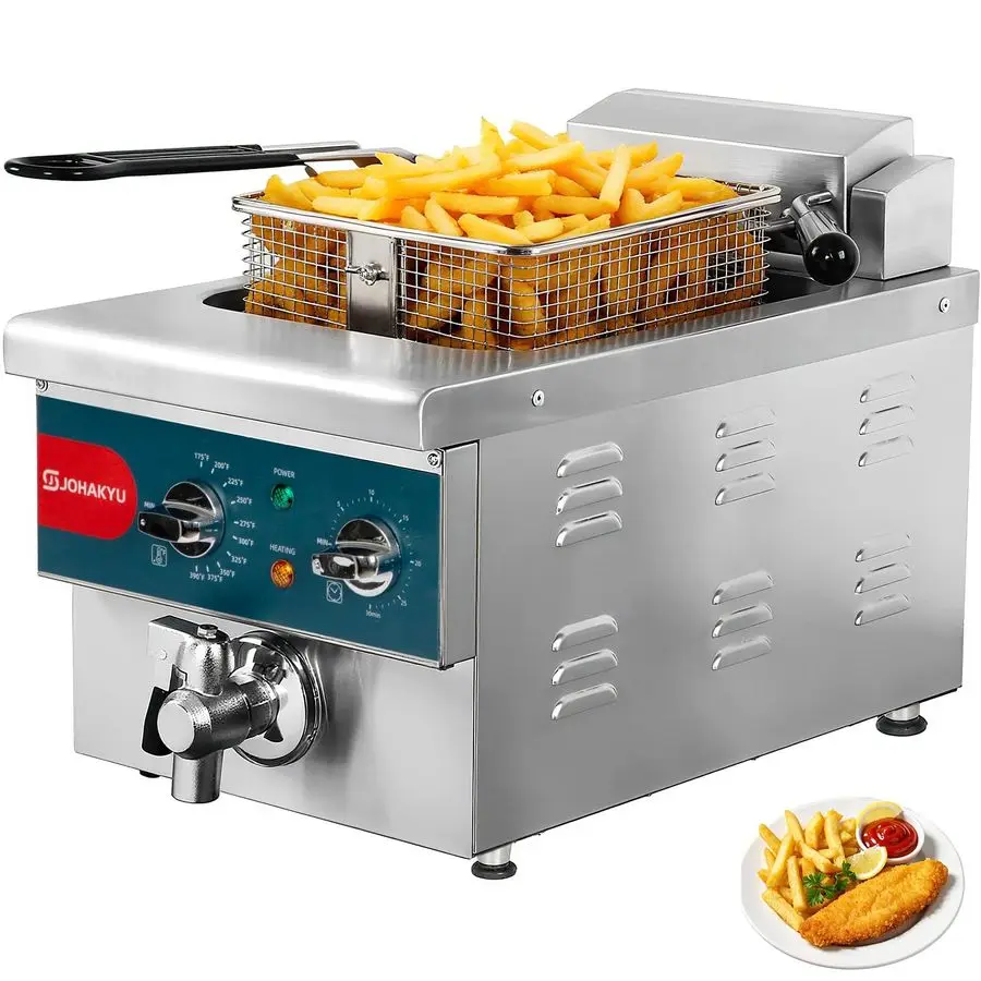 

13Lbs 6L Electric Commercial Deep Fryer with Basket, Timer amp Drain Swung Up Fryer Head, 120V 1800W Stainless Steel Countertop
