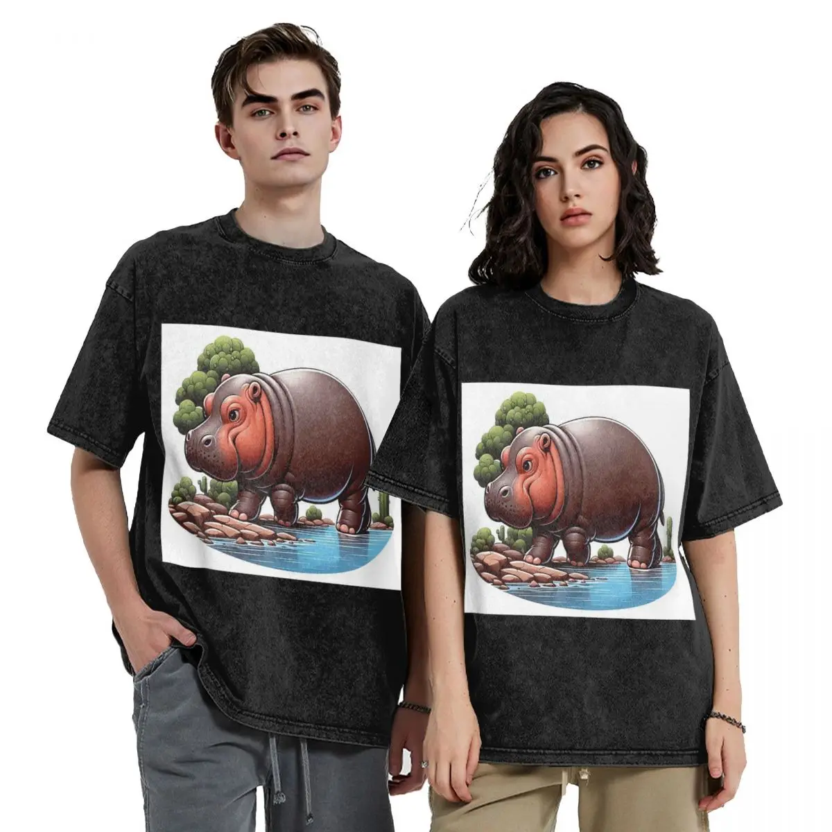 A Pygmy Hippopotamus Strolling By The River Hip Hop Short Sleeve T-Shirts Washed Tops Tees Streetwear T Shirt Vintage Men Women
