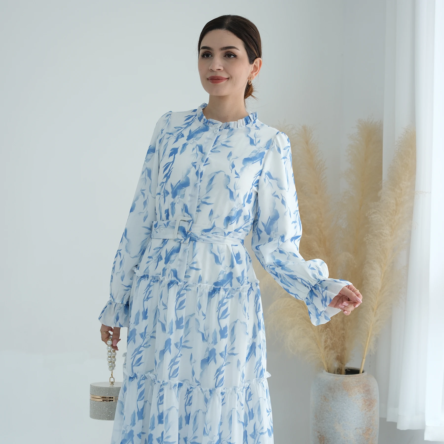 

Fashion Kashkha Dress Dubai 2024 Womens Modern Muslim Elegant Floral Printed Abaya Chiffon Robe Vintage Islamic Clothes LR751