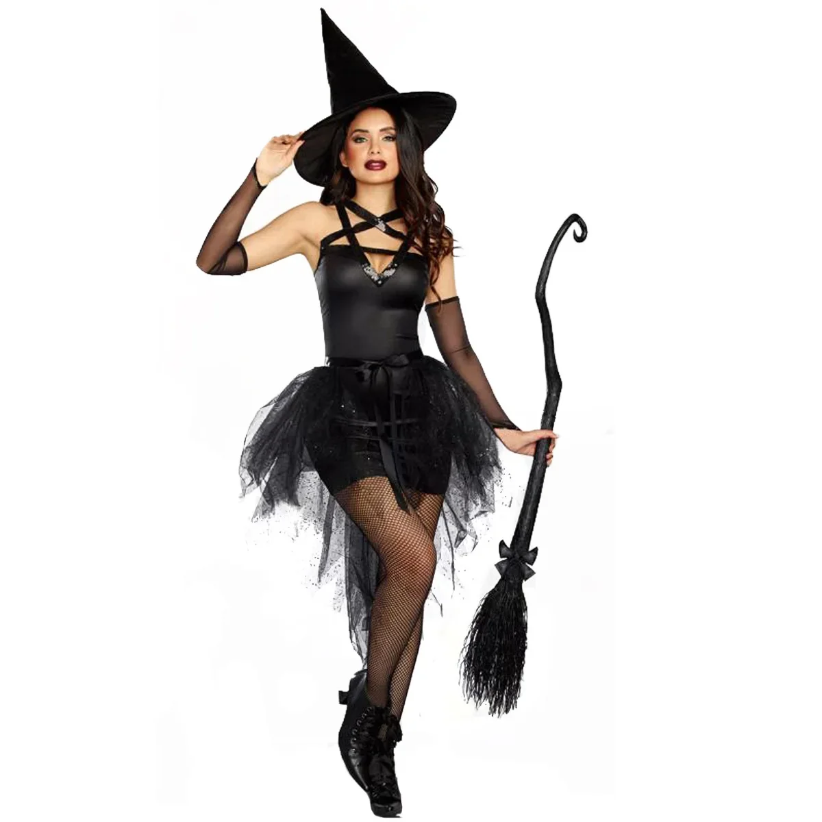 Fantasy Black Witch Fancy Dress Up Party Dress Carnival Performance Clothing Halloween Costume Sorceress Costume Adult Cosplay