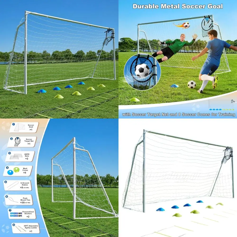 

Футбольные ворота: 12x6, 10x6.5, 8x6, 6x4T для молодежи, взрослых и детей - большие металлические стойки с лестницей для отработки ловкости, сеткой-мишенью и футбольной сеткой.