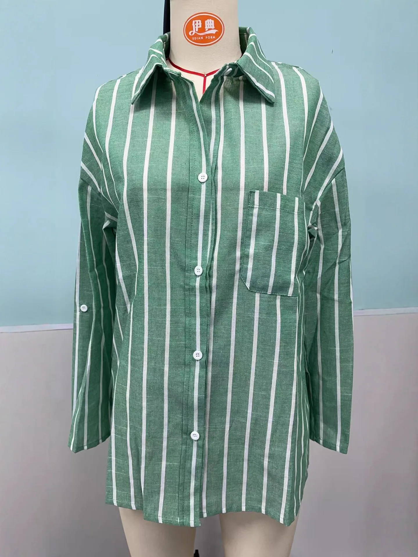 Faionable gestreepte lange Sve losse pasvorm met kraag irt damestop casual woon-werkverkeer sle ademend polyester materiaal