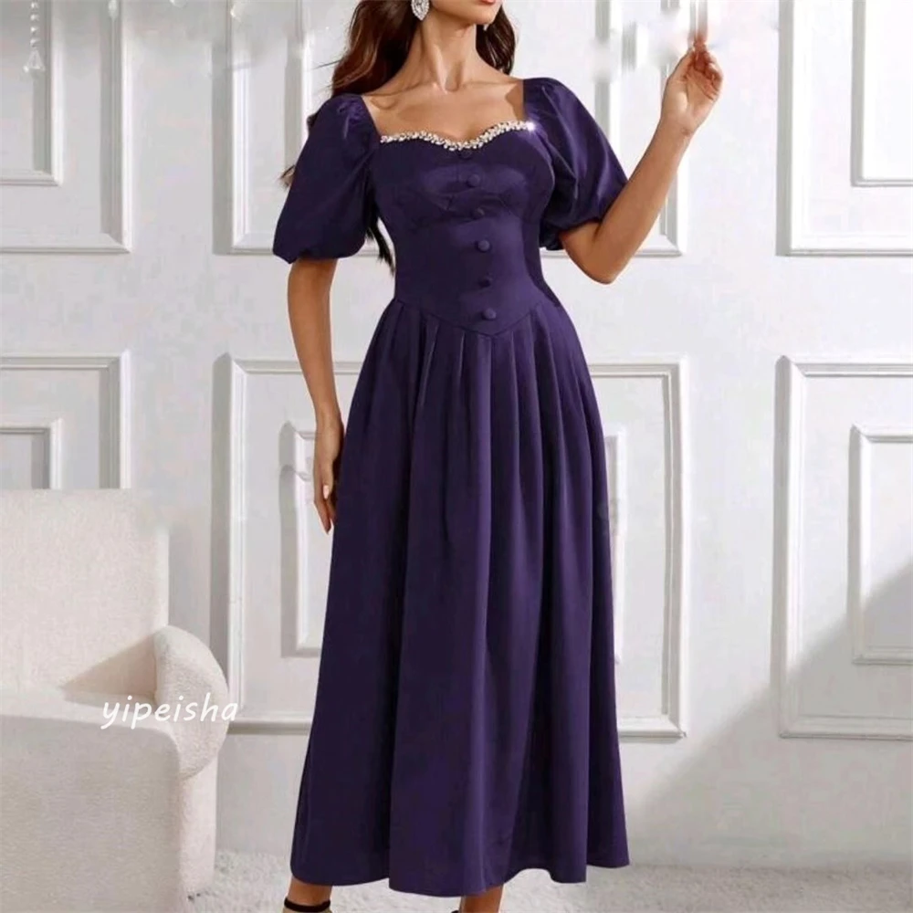 Jersey Beading Draped Pleat Celebrity A-line Square Collar Bespoke Occasion Gown Midi Dresses