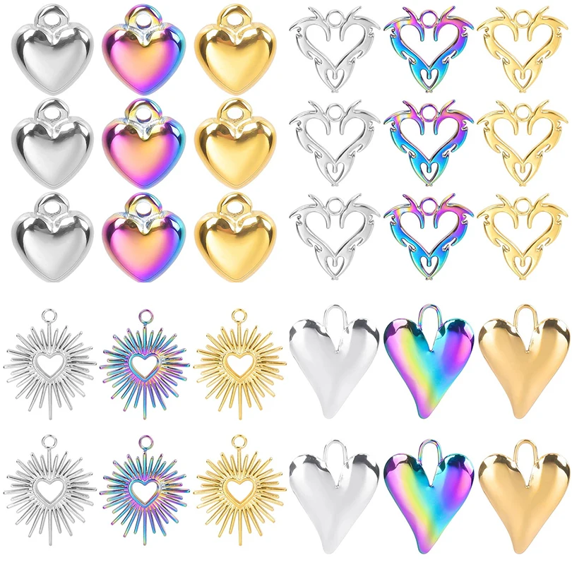 10pcs Gold Plated Rainbow Color Heart Shape DIY Jewelry Making Pendants for Necklace Earrings Stainless Steel Charms Accessories