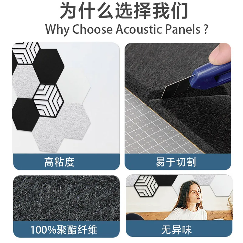 12 Pack Hexagon Felt Acoustic Panels Polyester Fiber Self Adhesive Sound Absorbing Wall Sticker Bulletin Message Board for