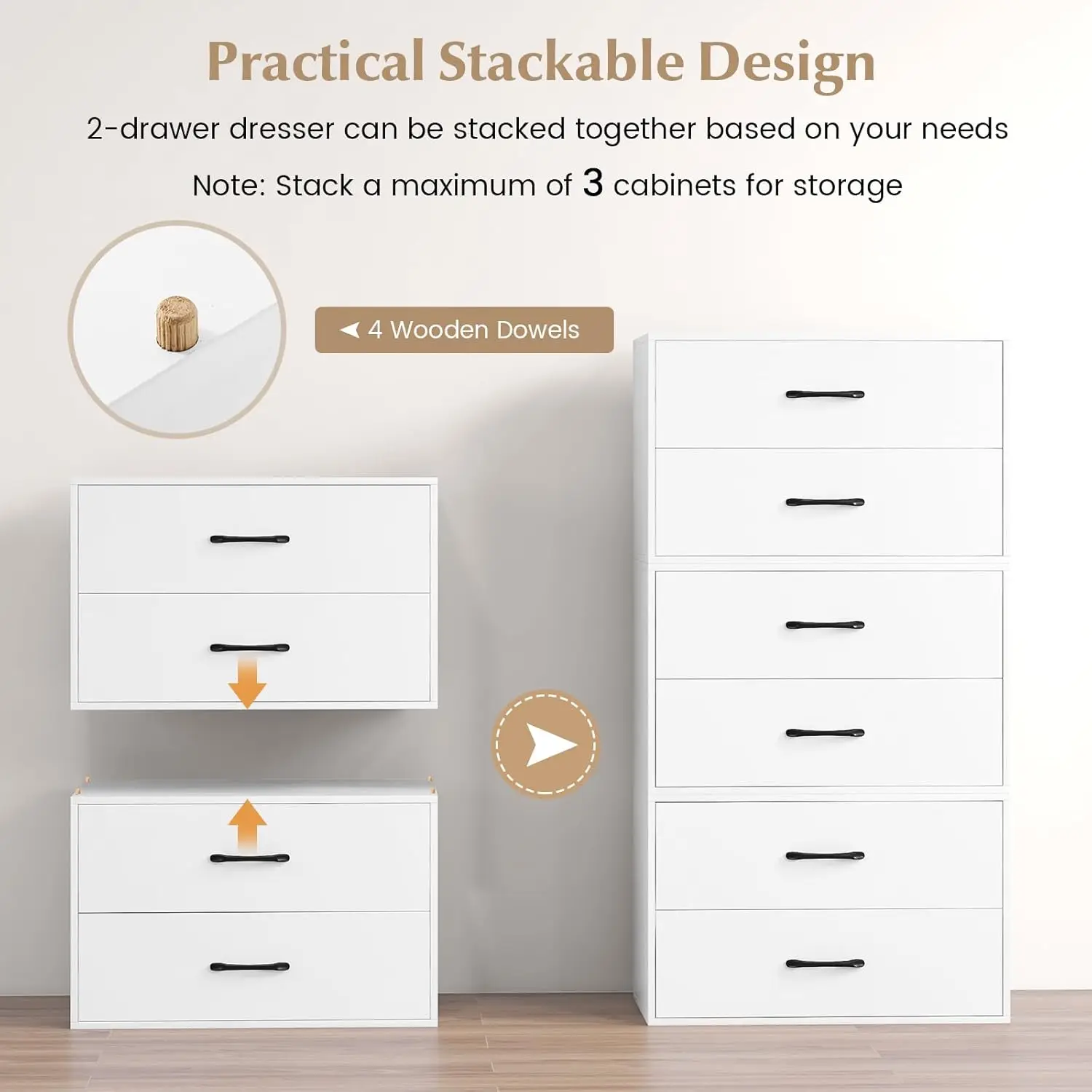 Stackable 2-Drawer Dresser Set of 2, Wood Horizontal Storage Organizer with Metal Handle & Smooth Sliders