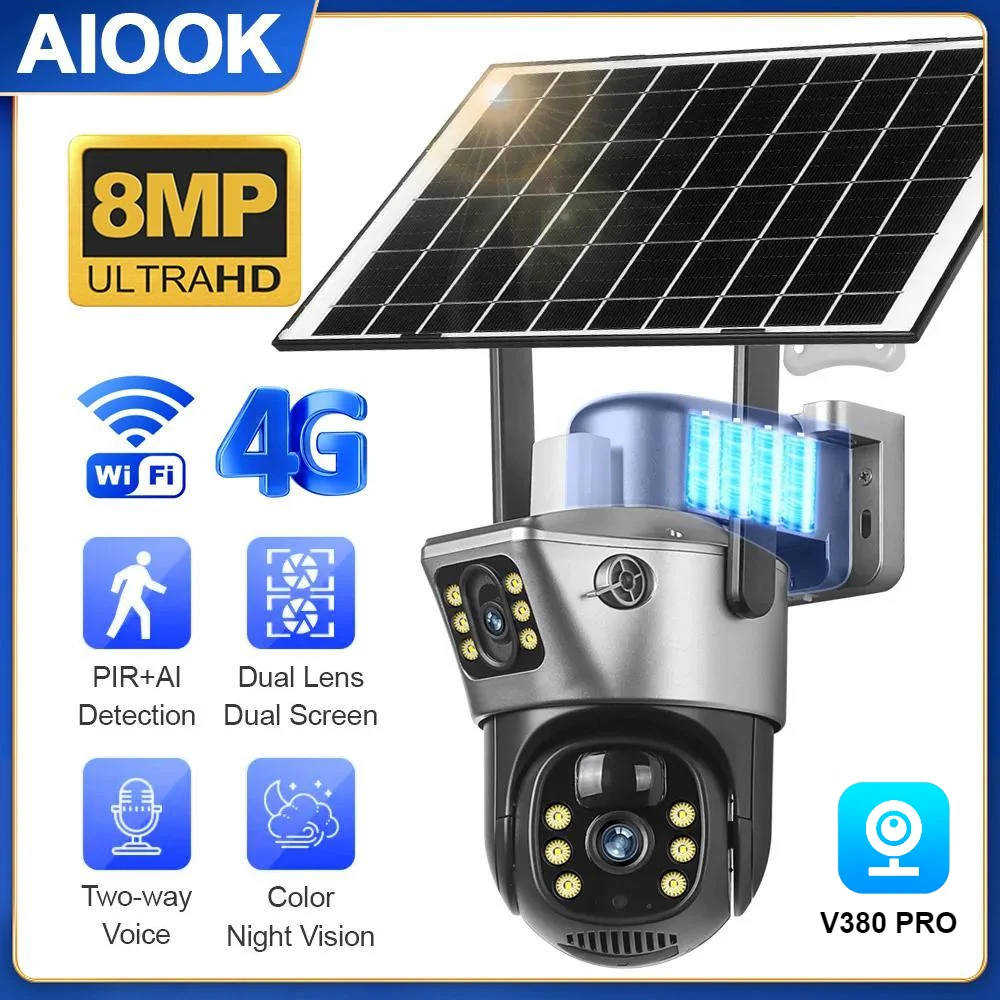 AIOOK Solar Security Camera Outdoor Waterproof HD 8MP Dual Lens WIFI 4G IP Camera Full Color Night Vision Two-Way Intercom CCTV