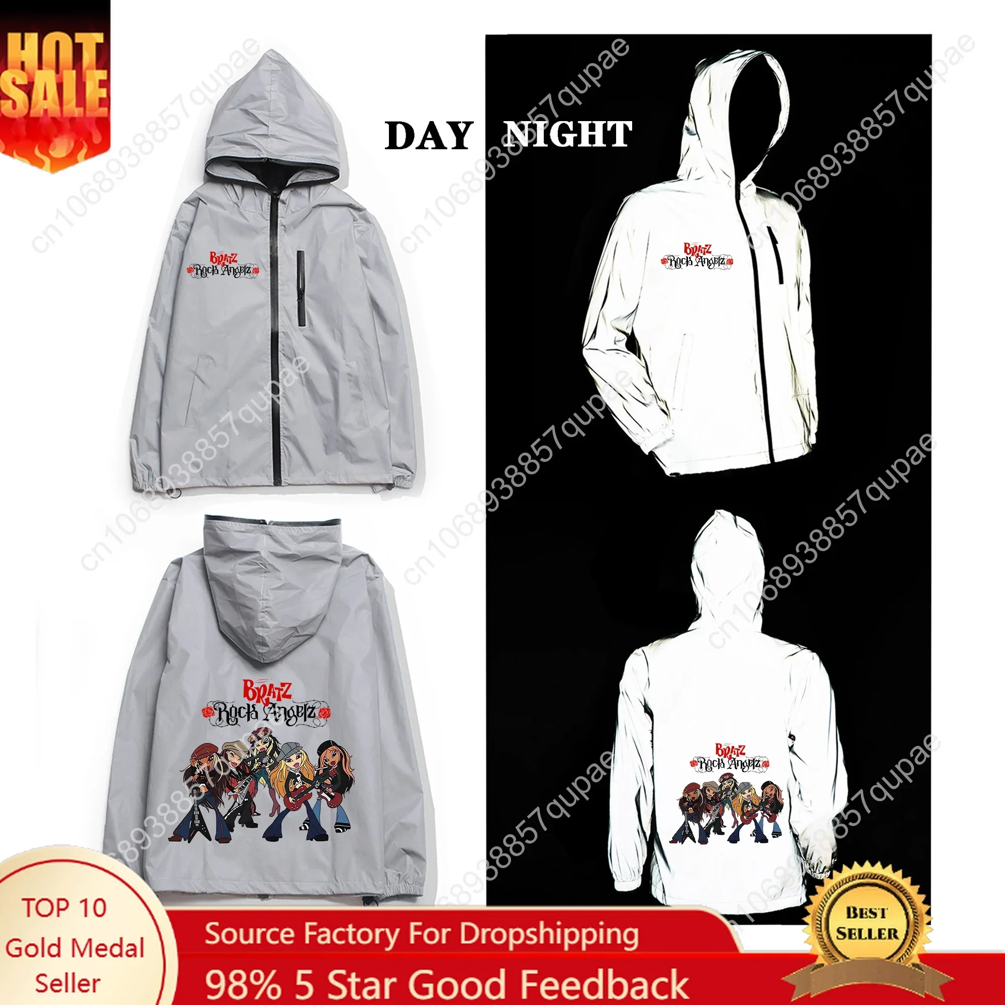 

Bratz Reflective Jacket Anime Mens Womens Coat Hooded Windbreaker Runing Pocket Jackets Cycling Hiking Zipper Custom Hoodie