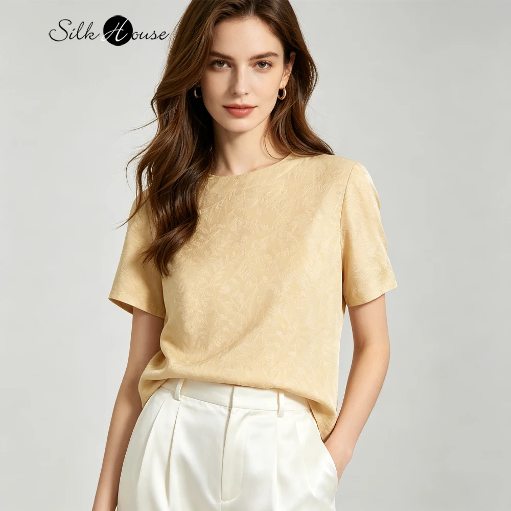

Women's Casual Summer New 100% Natural Mulberry Silk Jacquard Satin Yellow Branch Print Round Neck Short Sleeved T-shirt