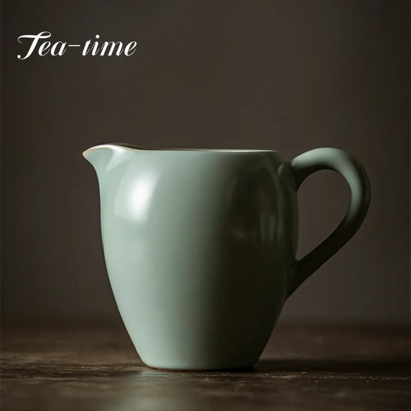 250ml Azure Porcelain Tea Pitcher Chinese Ru Kiln Ceramic Public Cup with Handle Divide Tea Chahai Mug Tea Ceremony Accessories