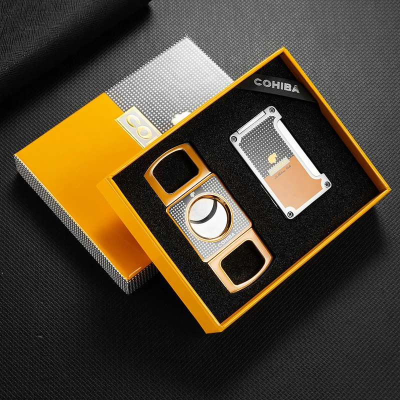 

COHIBA Cigar Lighter And Cutter Combo Windproof Torch Jet Flame Gas Lighters AccessoriesSet Butane Metal Cigar Set For Gift Box