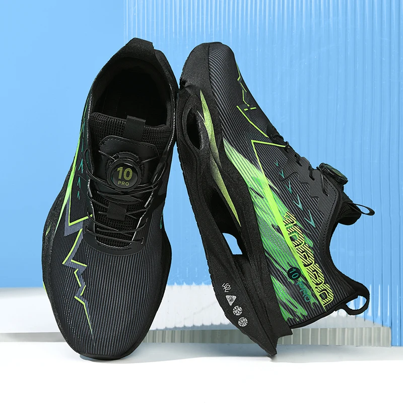 Herren-Freizeitsportschuhe mit Drehverschluss, professionelle Laufschuhe mit Carbonplatte, Unisex-Laufschuhe mit farbverlaufendem, atmungsaktivem Mesh-Material, hohe Rückfederung, stoßdämpfend, verhindert Verdrehungen, rutschfest, abriebfest, für Langstreckenläufe, Training, Fitness, Freizeitsportschuhe. – Detail 21