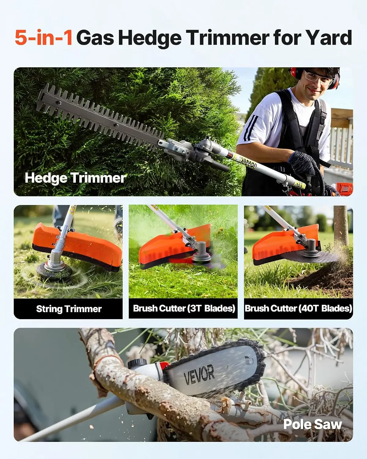 Gas Hedge Trimmer 2 Cycle 63 cc 5-in-1 Gas Power Handheld Cutter | Cordless Weed Eater with Protective Gear Set, Includes Hedge