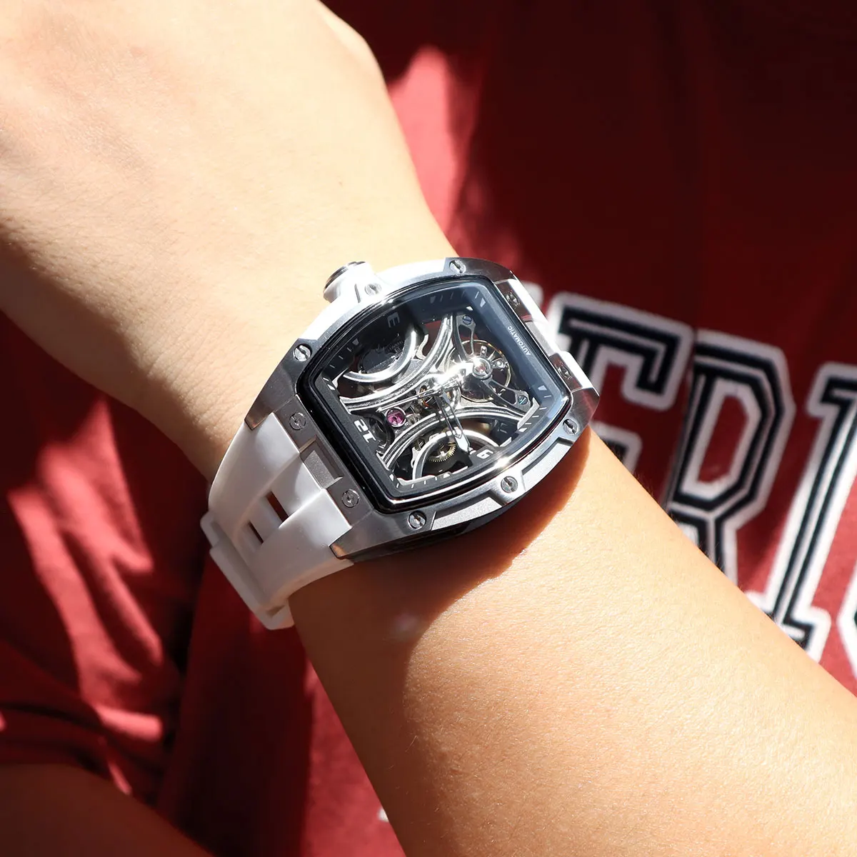 MEGIR Fashion Sports Mechanical Watch for Men Automatic Self-winding Wristwatch with Silicone Strap Transparent Tonneau Dial