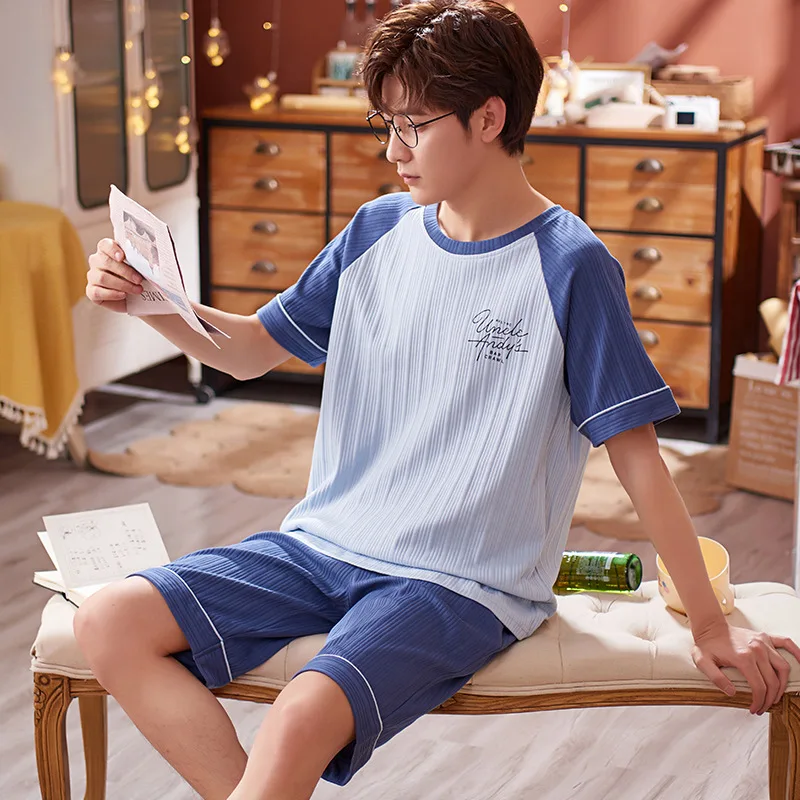 

Korean Cotton Mens Home Clothes Plus Size L-3XL Pajamas Set Short Sleeping Tops Shorts Nightwear Man Pijamas Suit Male Summer