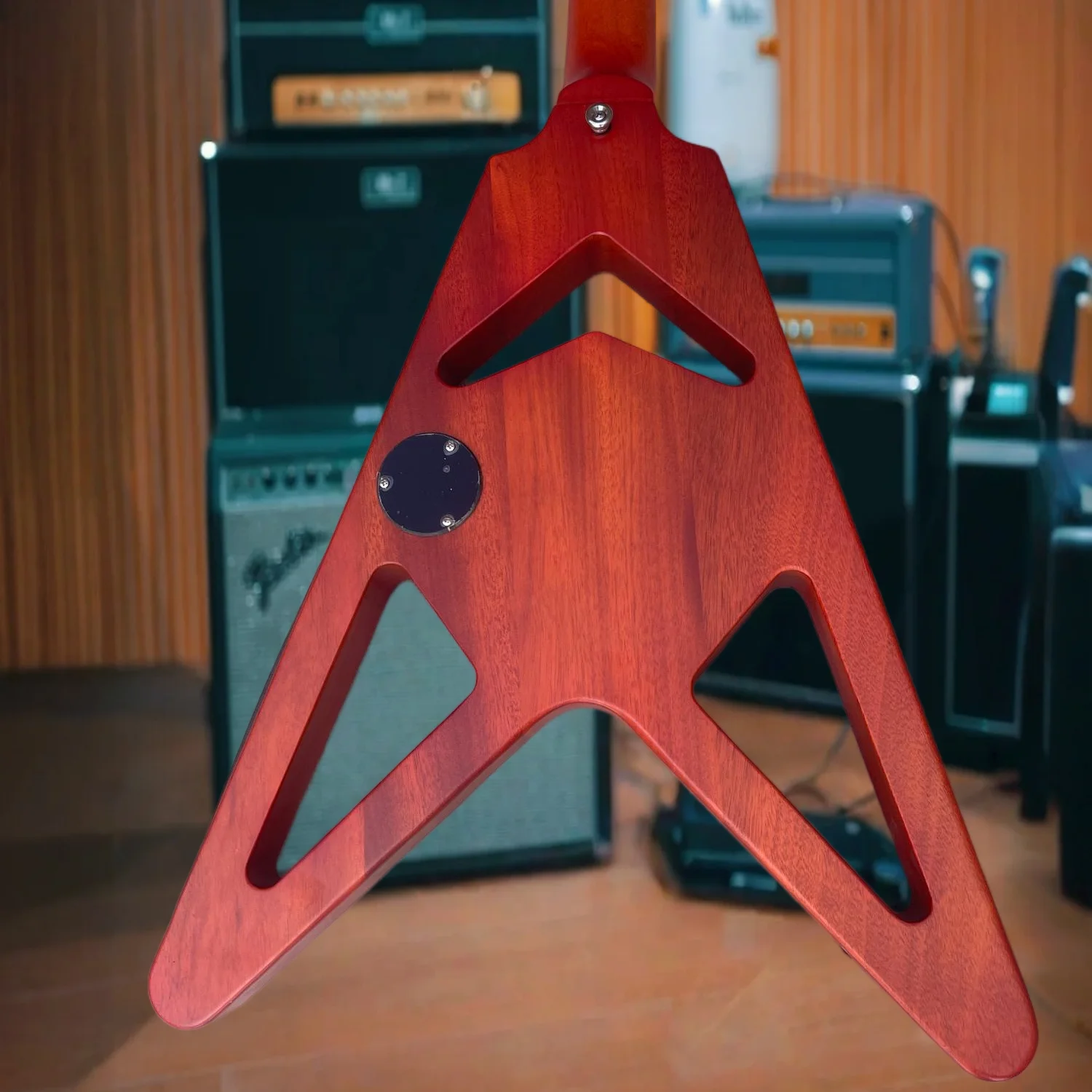 V Shape Electric Guitar Hollow Cutout Mahogany Body H Pickup Matte Reddish Brown Finish 6 String Guitar Delivery Included
