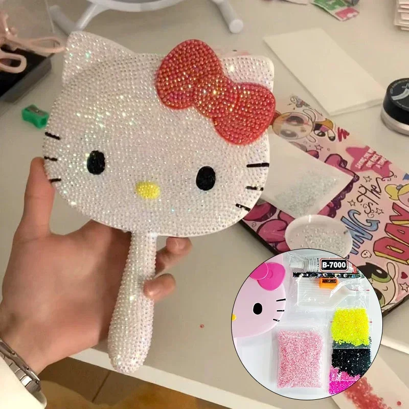 Hello Kity Kawaii Handle Mirror Y2K DIY Diamond Stickers For Besties And Girlfriends Birthday Gifts Makeup Mirror Wholesale