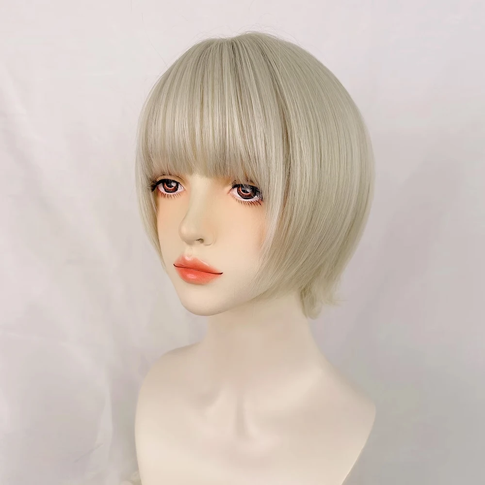 앞머리가 있는 짧은 금발 스트레이트 합성 가발, 푹신한 로리타 코스프레 가발, 데일리 파티용 내열성