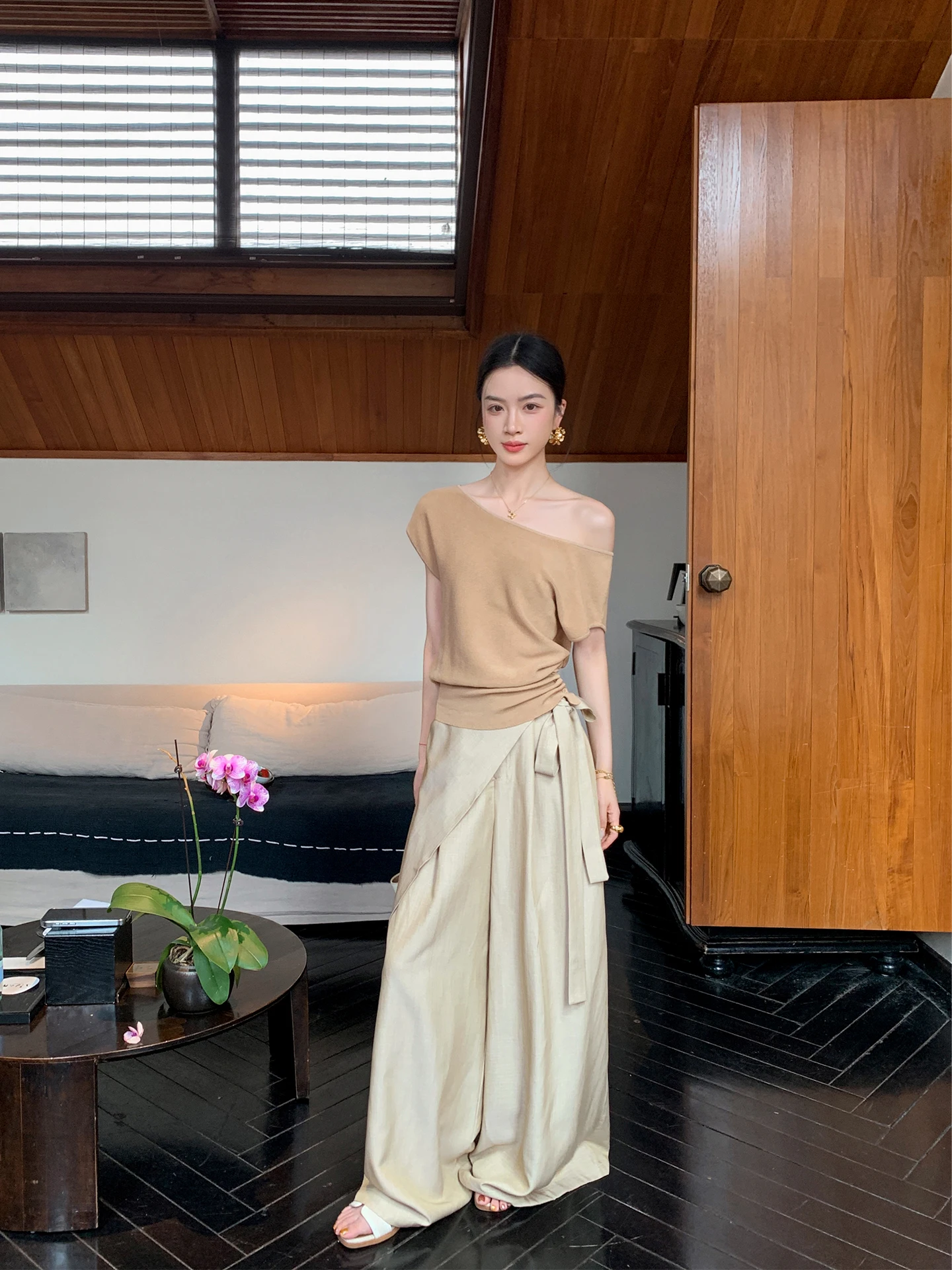

Bingo One-Piece Belted Khaki Wide Leg Pants Women's Slimming Casual Trousers Unique Design Sensation Comfortable Straight Tube