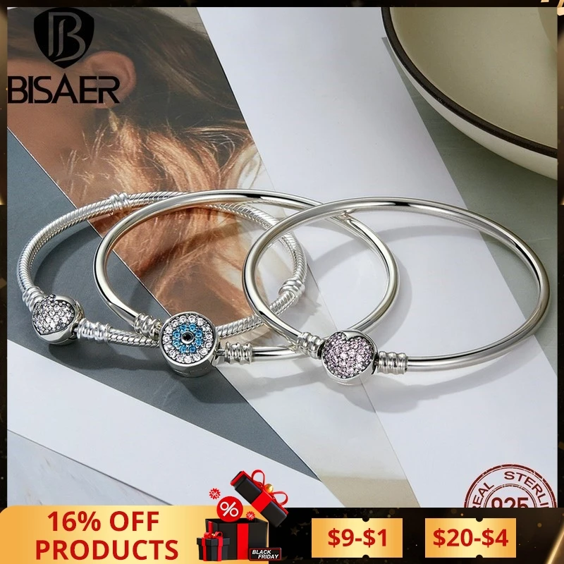 BISAER 100% 925 Sterling Silver Basic Snake Chain Zircon Bracelets Blue Demon Eye Bracelet & Bangles Charm Sizes 17–21 Jewelry