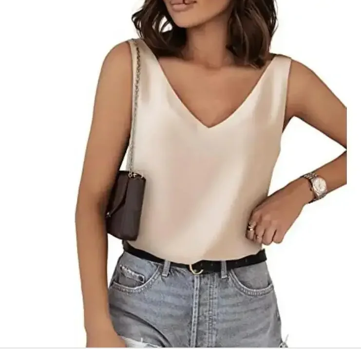 Camiseta sin mangas de verano para mujer, camisetas sin mangas de seda con cuello en V, camisetas holgadas a la moda, camisa informal, jersey