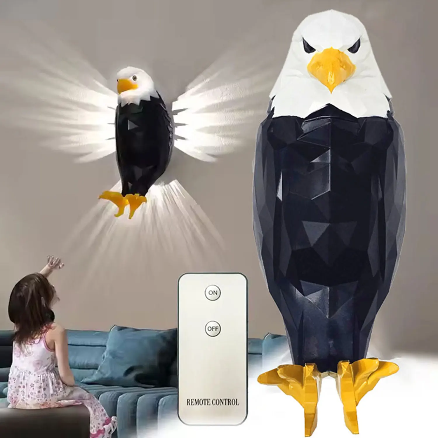 Bald Eagle Wall Light, Wall-Mounted Eagle Lamp for Bedroom, Living Room, Hallway, Battery Operated Eagle Light