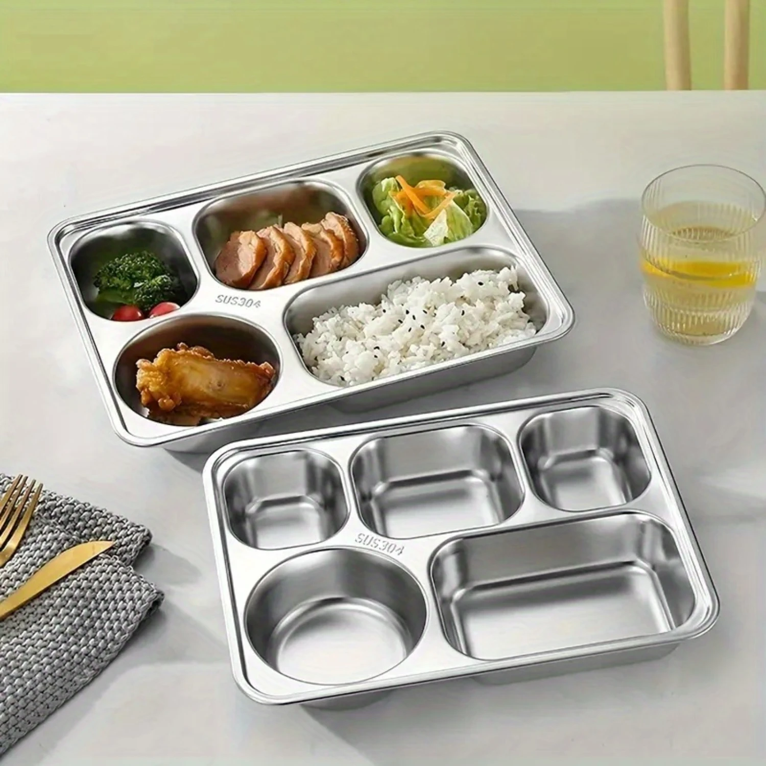 

Stainless steel food grade fast food plate, adult cafeteria divided meal box, stainless steel five grid divided meal plate - foo