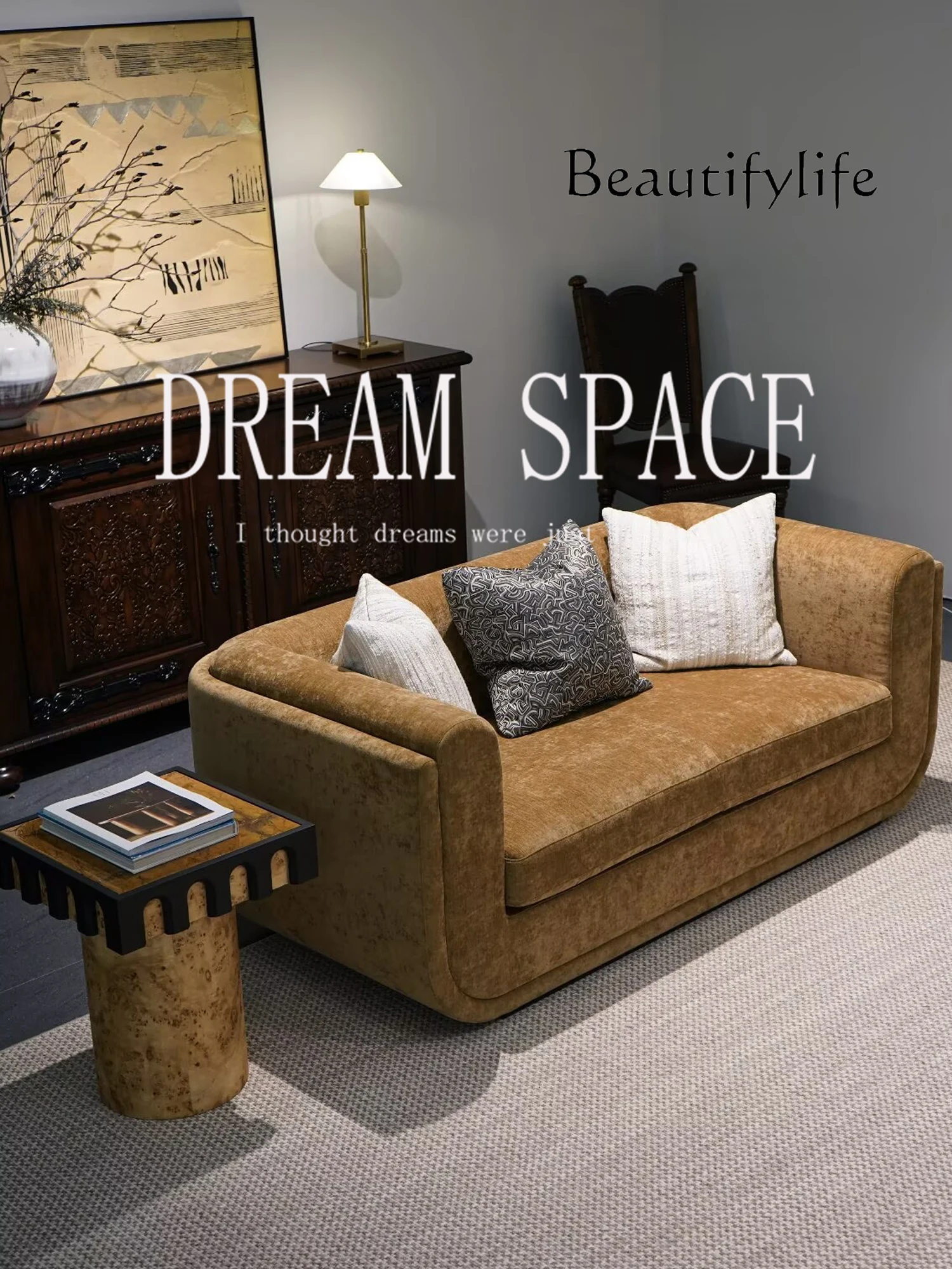 

Medieval French solid wood fabric double sofa home designer creative high-end simple sofa