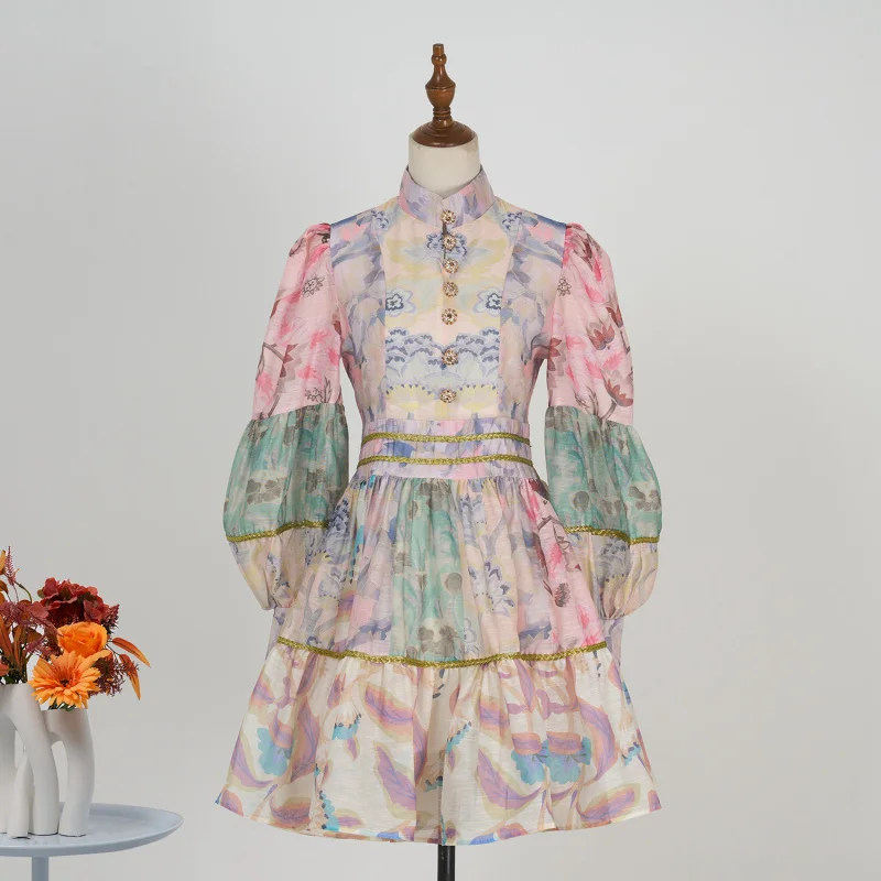 

Real Shot Autumn Custom New Retro Style Small Stand Collar Puff Sleeve Waist-Cinching Dress