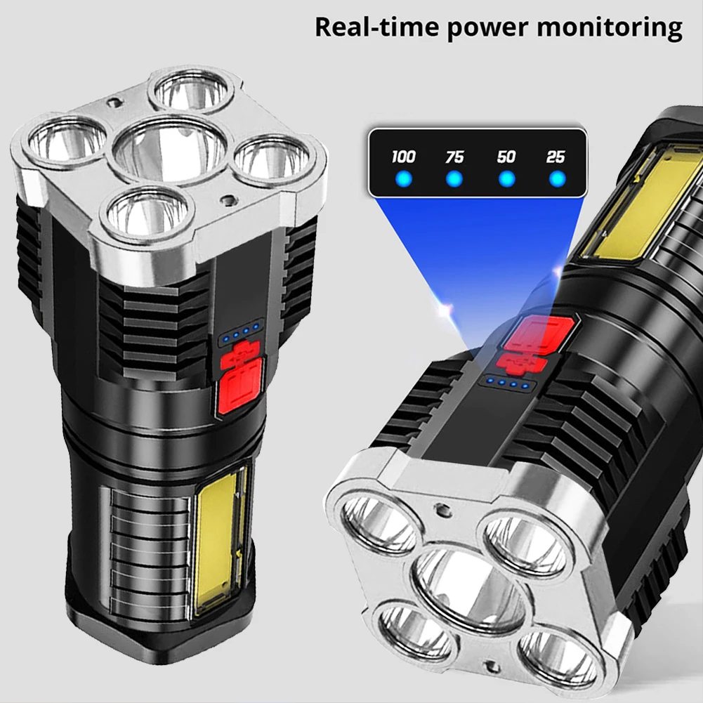 USB Rechargeable LED+COB Flashlight Camping Hiking Power Display Spotlight 4 Gears High Brightness Lamp Outdoor Tool