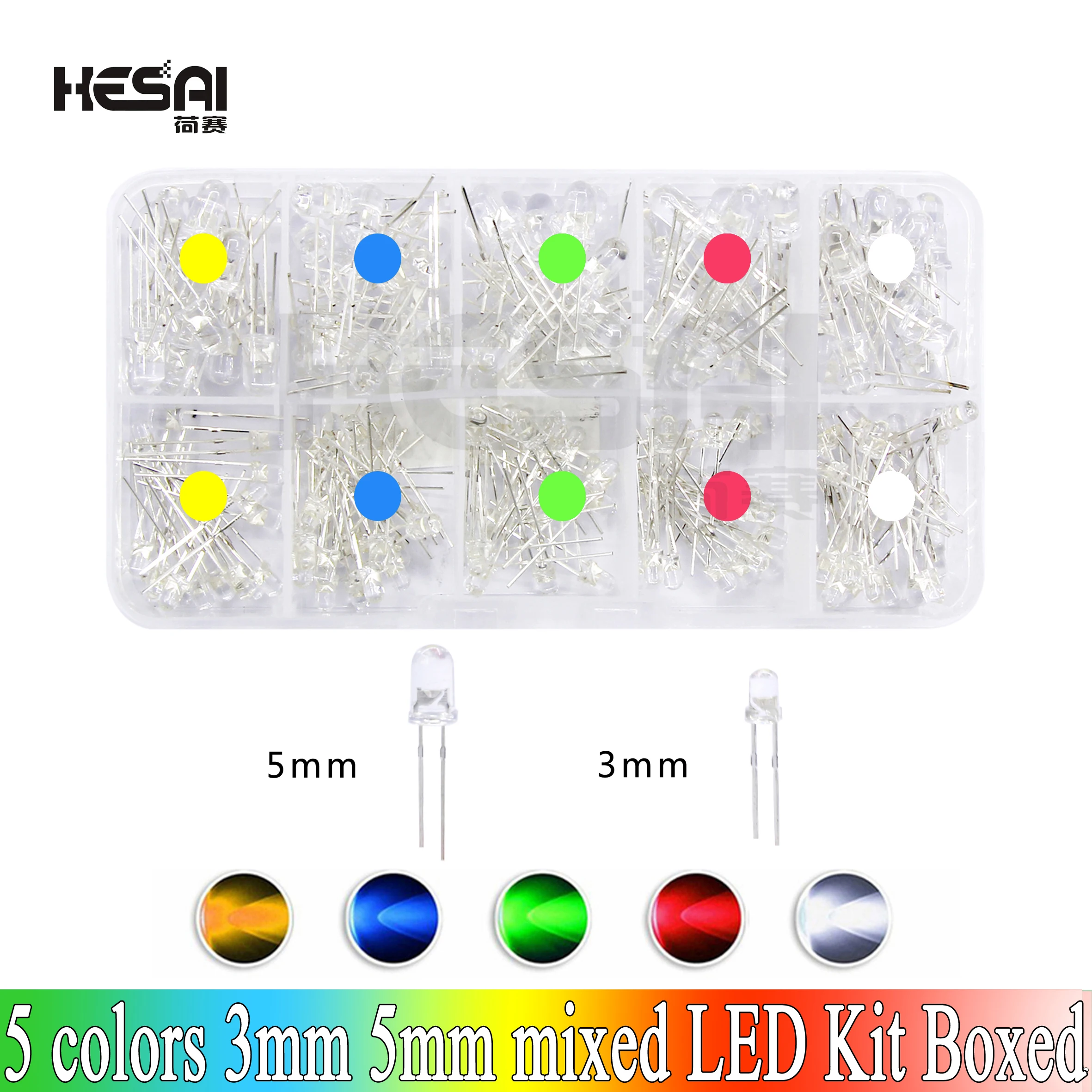 3mm 5mm LED Diode Assorted Kit White Green Red Blue Yellow Orange F3 F5 Light Emitting DIY led lights Diodes electronic kit