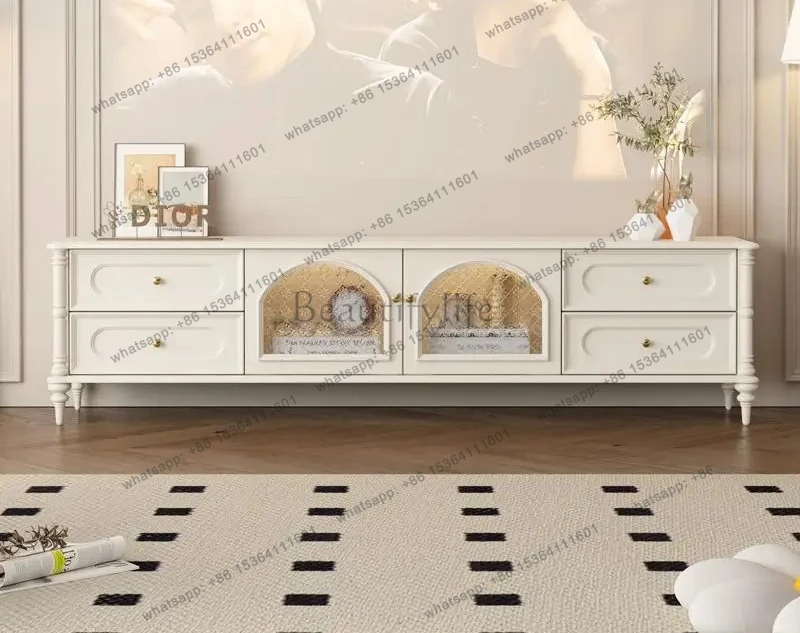 

LXFrench ТВ-шкаф из цельного дерева для гостиной, бытовой кремовый ветер, антикварный ТВ-шкаф, журнальный столик, комбинация в стиле ретро