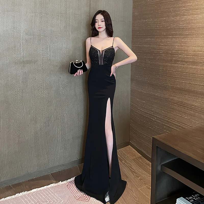 

Ele Sexy Low Cut Bal Floor Length Strapl Dr Club Aosphere Iron on Rhinestone Evening Gown Performance Long D...