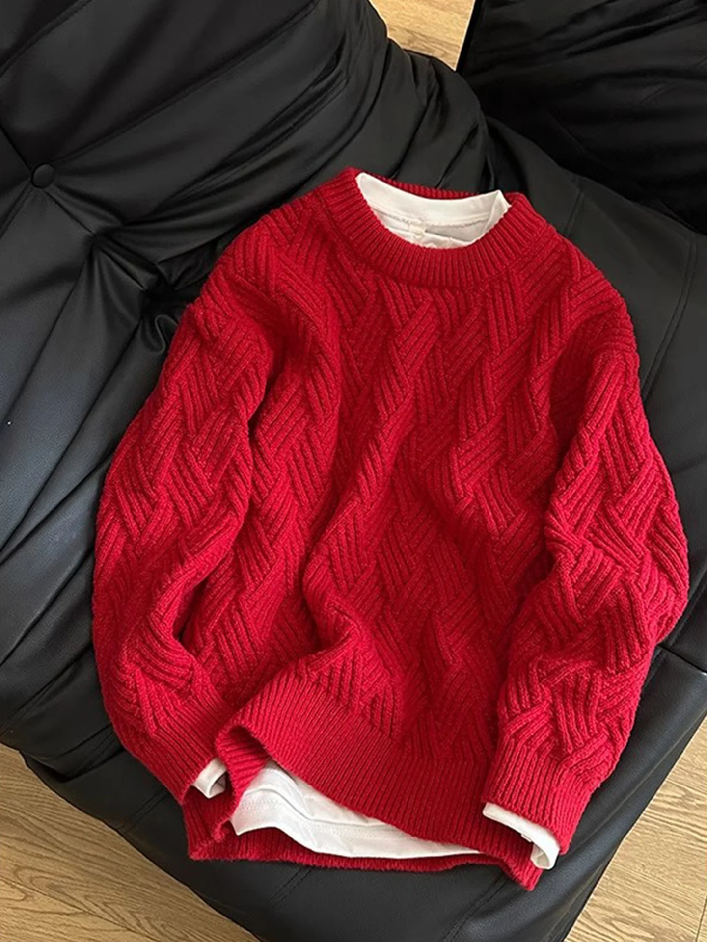 

Красный американский вязаный мужской свитер Thiened Fce, осень-зима, теплая пряжа, повседневный длинный све, круглый топ