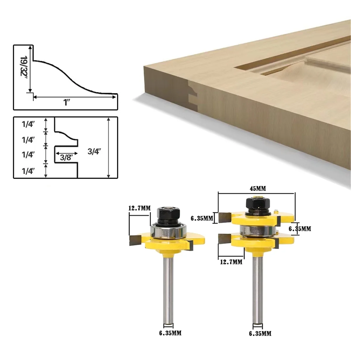 A002 2Pcs 1/4inch Shank Cutter 3-Tooth Tongue & Groove Joint Assemble Router Bits T-Slot Milling Cutter for Wood Milling