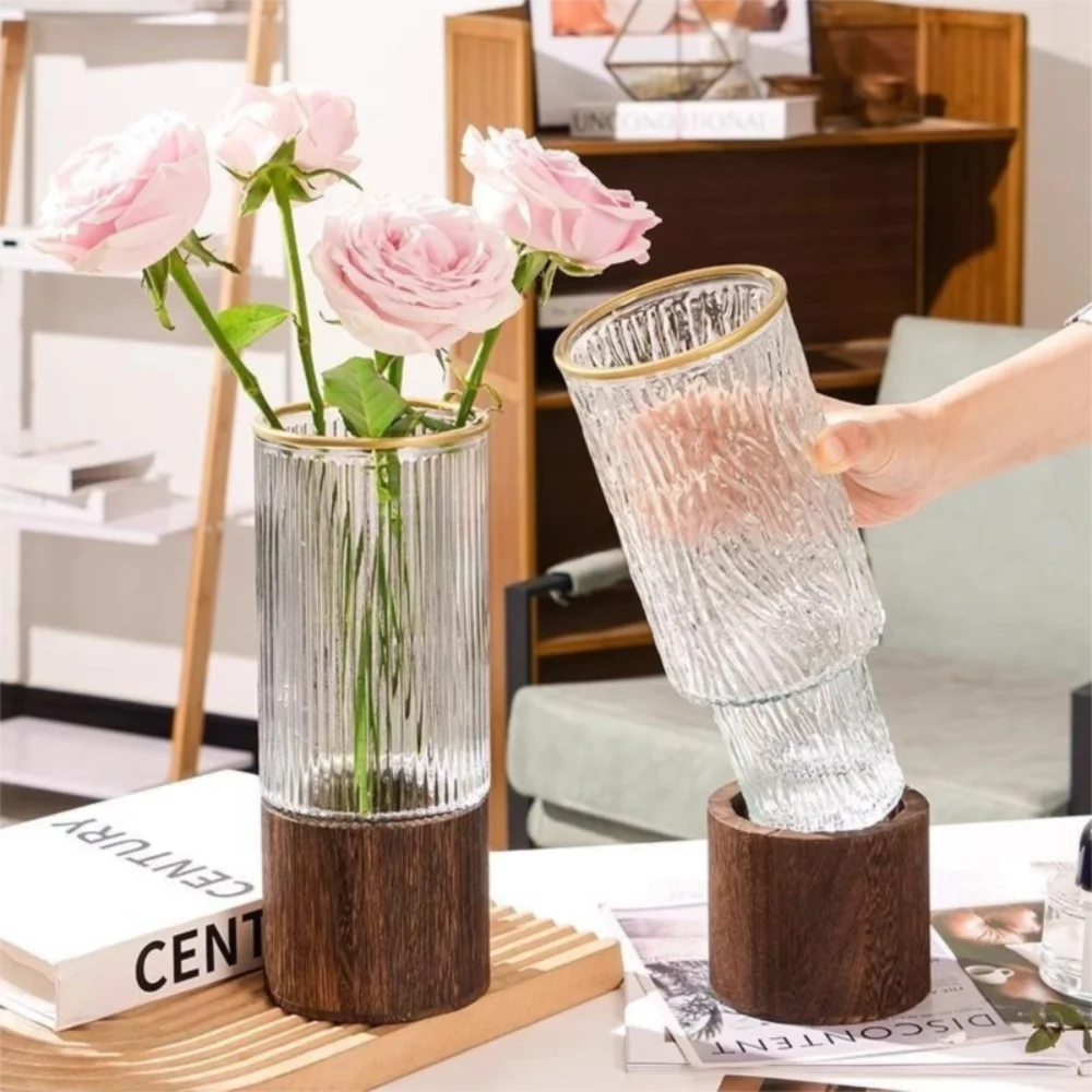 

Retro Wooden Base Glass Vase Thick Large Capacity Transparent Hydroponic Vase Striped Water Nourishing Vase Home Decoration