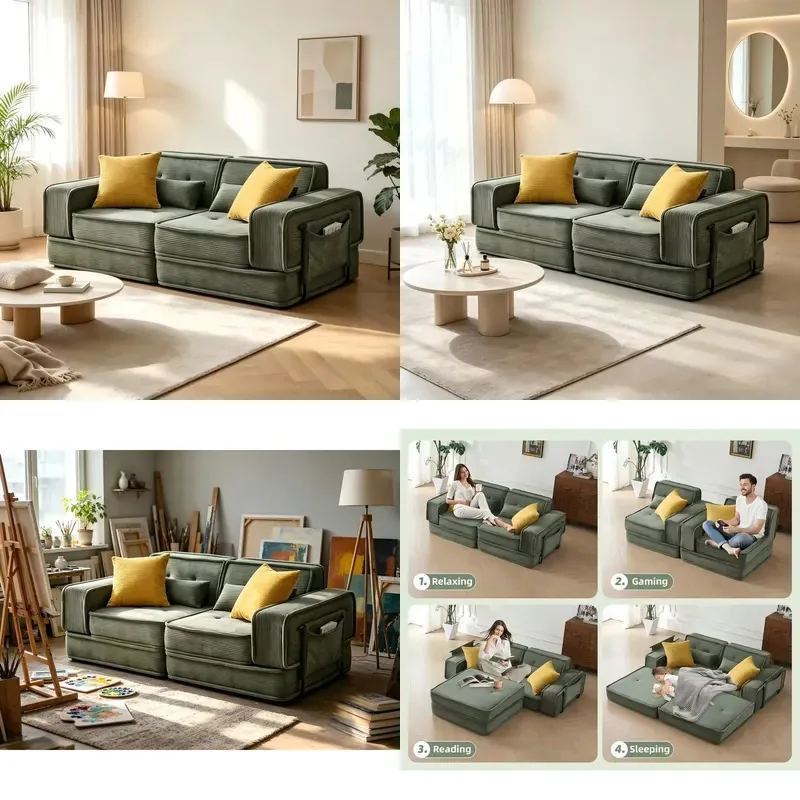 External metal frame filled with sponge, L-shaped velvet sofa bed, foldable and multi-functional, suitable for small