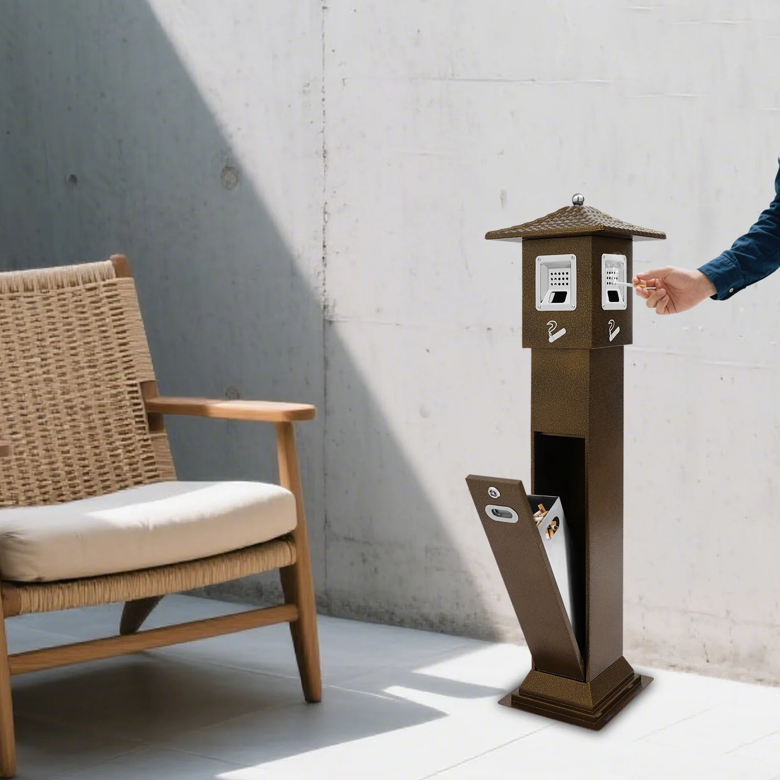 

Painted Iron 26.5x26.5x119CM Vertical Ash Column with Lock Outdoor Smoke-extinguishing Bucket Public Smoking Area Trash Can