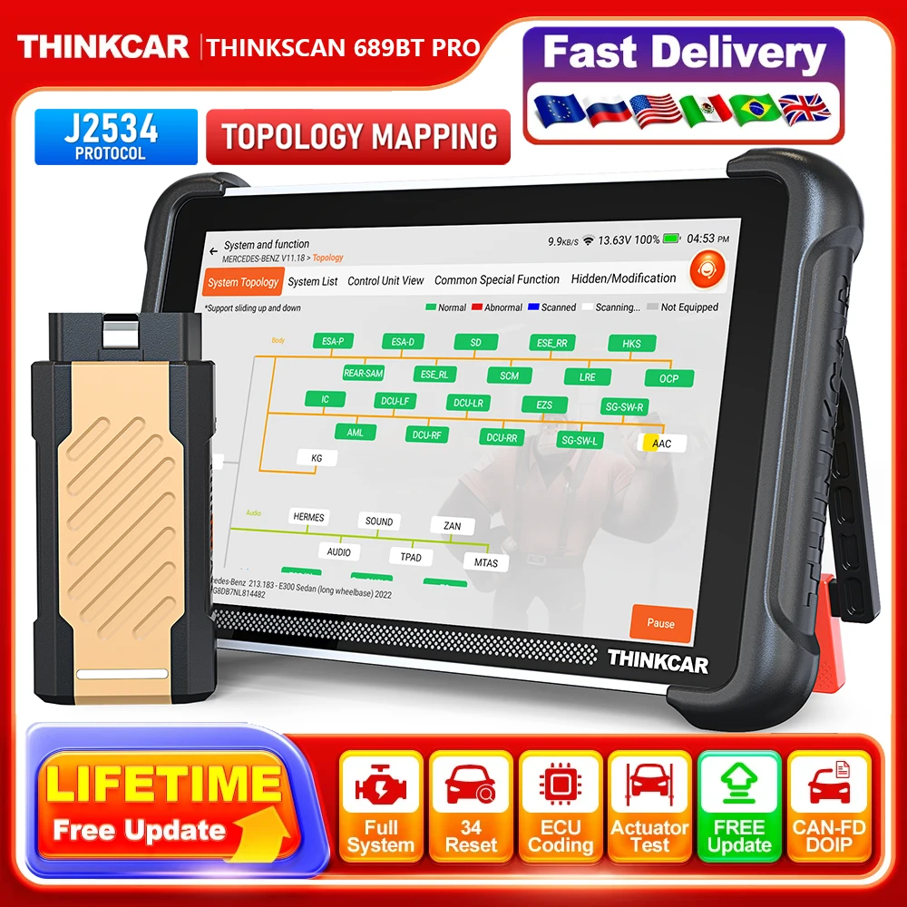 2026 NEW THINKCAR THINKSCAN 689BT PRO Auto OBD2 Scanner J2534 Pass-Thru Topology Mapping 34 Reset Car Diagnostic Tool CANFD DOIP